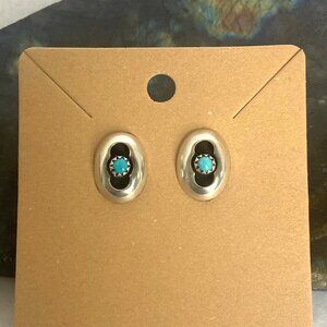 VTG Sterling Silver 925 Very Dainty Oval Shadowbox Turquoise Stud Earrings